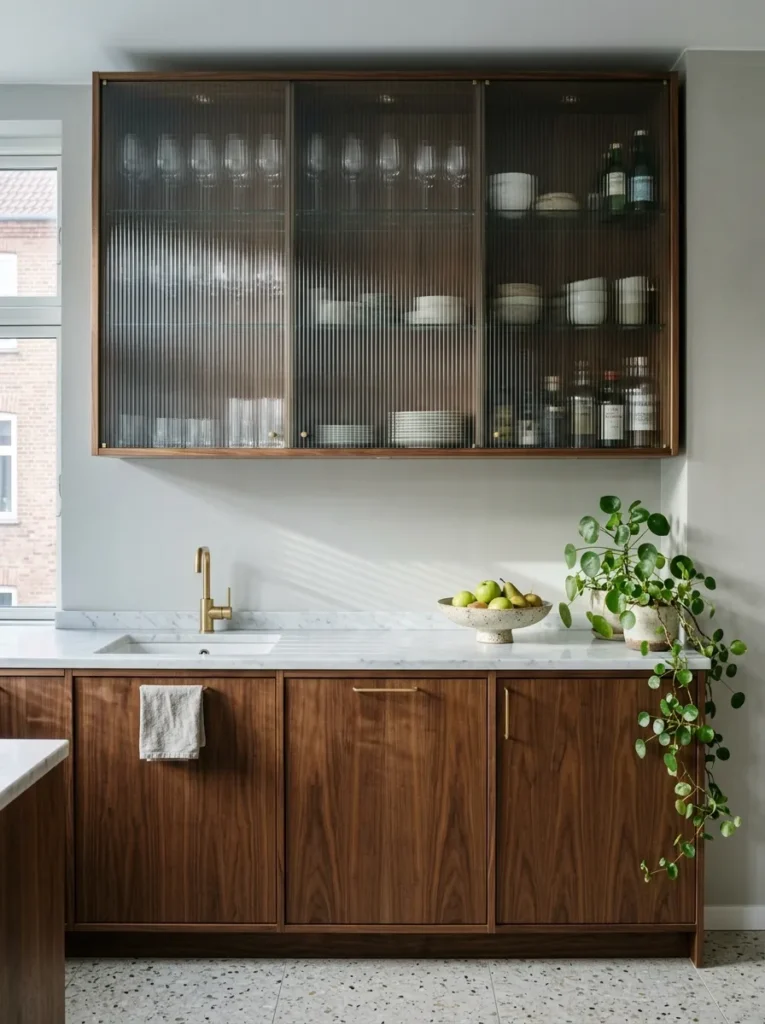 Fluted ribbed glass upper cabinet fronts diffusing light over walnut lower cabinetry in a contemporary kitchen.
