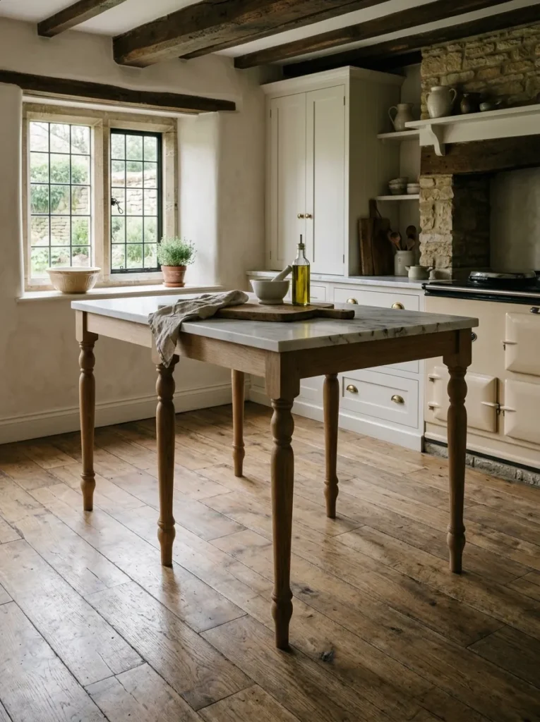 Kitchen island on slender turned wooden legs reading as freestanding furniture rather than built-in cabinetry.
