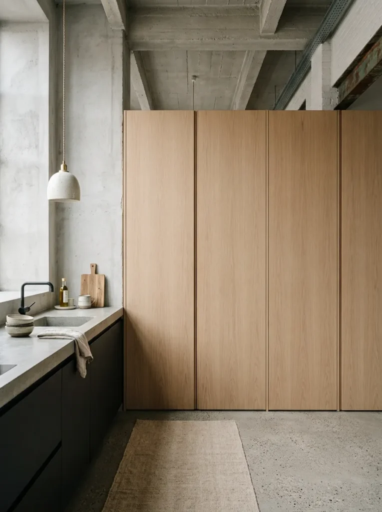  Floor-to-ceiling flat panel pantry wall blending seamlessly into oak cabinetry in a minimalist kitchen.