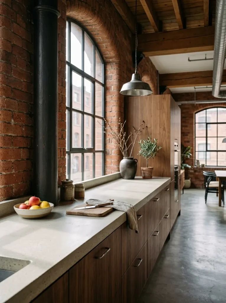 Pale honed concrete countertop contrasting with warm walnut cabinetry in an industrial-modern kitchen.
