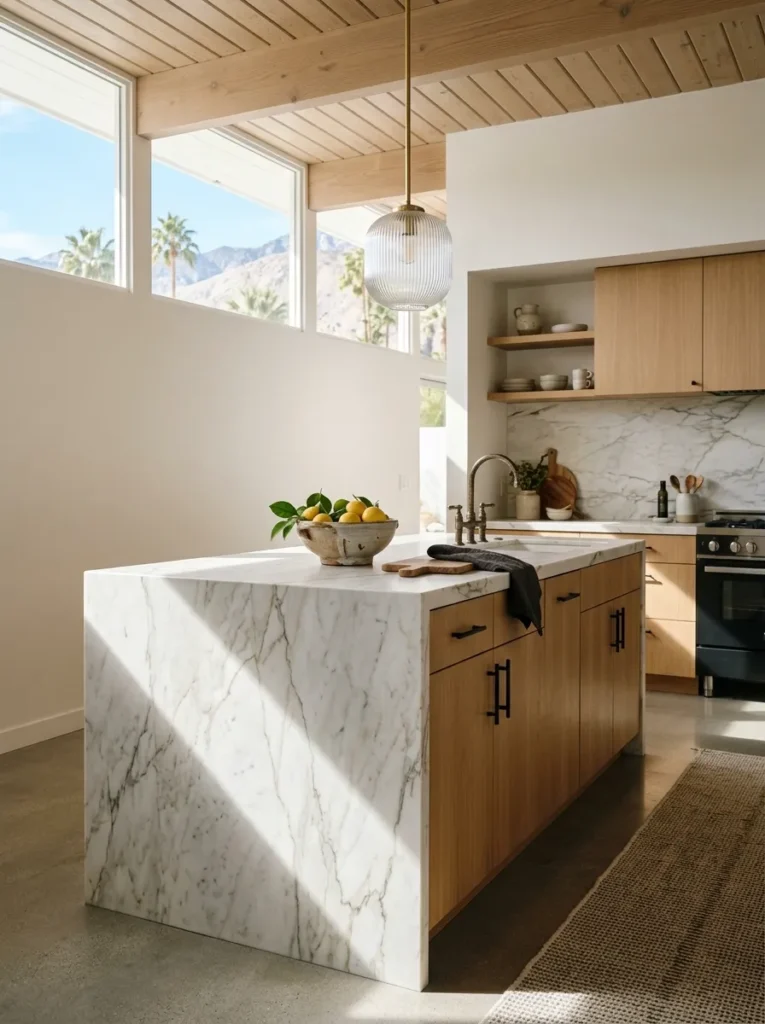 Honed Calacatta marble waterfall island edge catching soft daylight in a contemporary kitchen with white oak cabinetry.
