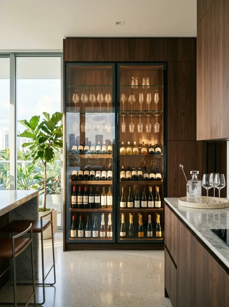Built-in glass-fronted beverage wall with wine storage integrated seamlessly into kitchen cabinetry.