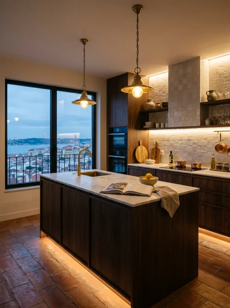  Layered under-cabinet, pendant, and toe-kick lighting creating warm depth across a contemporary kitchen at dusk.
