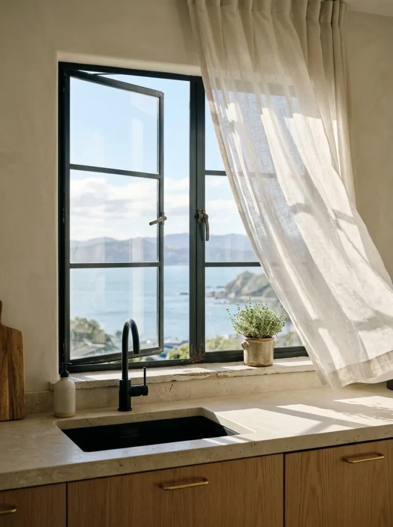 Operable casement window cracked open above a kitchen sink letting in fresh air and natural light.
