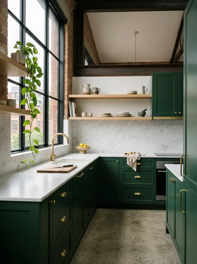 Deep forest green cabinetry paired with brass accents anchoring a saturated modern kitchen color palette.
