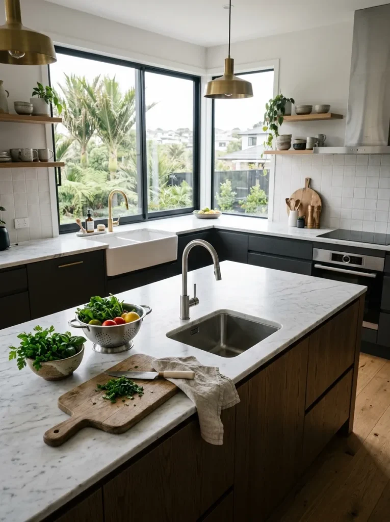 Compact stainless steel prep sink set into a marble kitchen island separate from the main farmhouse sink.
