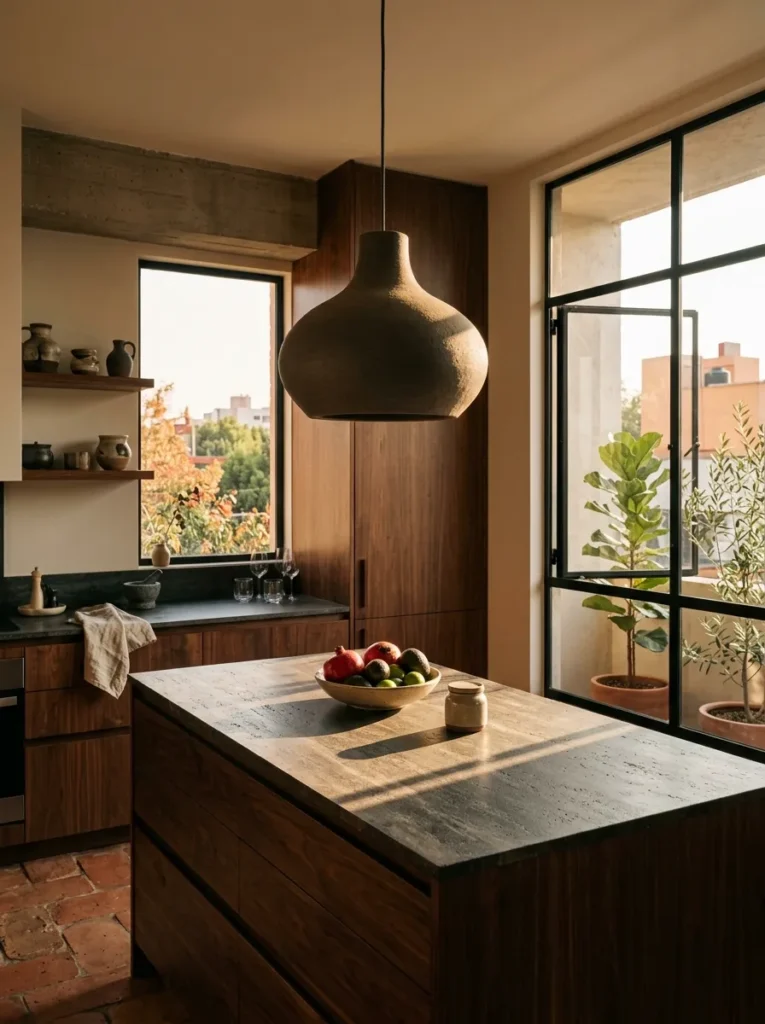 One oversized sculptural pendant light hanging low above a kitchen island instead of a matching row.