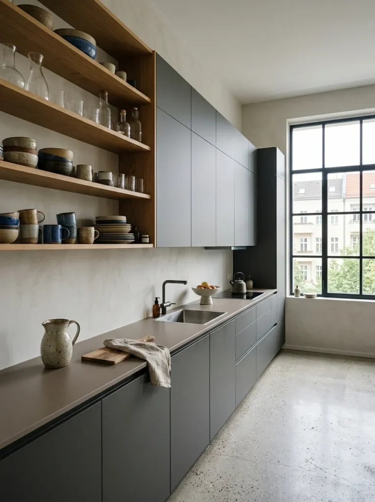 Open oak shelving on a single wall displaying ceramics beside fully enclosed cabinetry in a modern kitchen.

