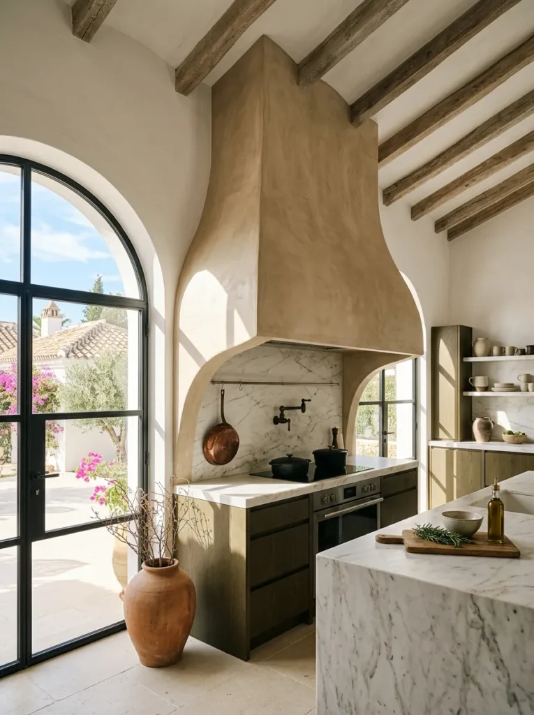 Sculptural plastered range hood forming the architectural centerpiece above a marble cooktop in a modern kitchen.
