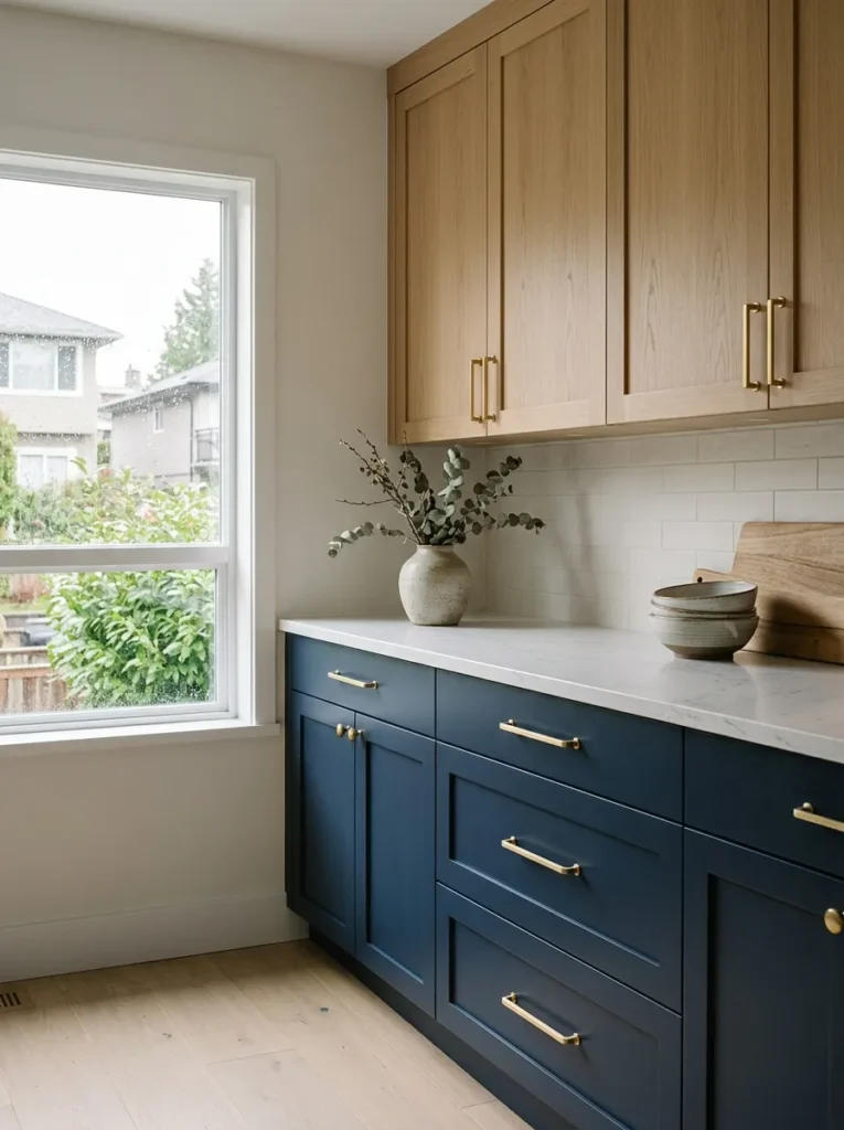Matte navy and natural oak cabinetry unified by matching brass hardware in a two-tone modern kitchen.

