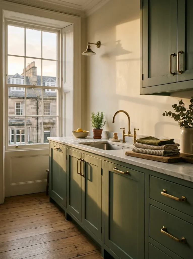 Unlacquered brass cabinet pulls developing a warm patina against sage green cabinetry in a modern kitchen.
