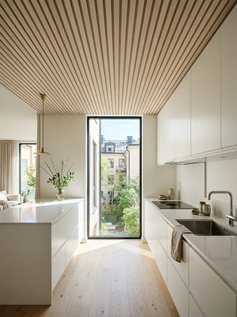  Warm wood slat ceiling treatment adding texture above an otherwise all-white modern kitchen.
