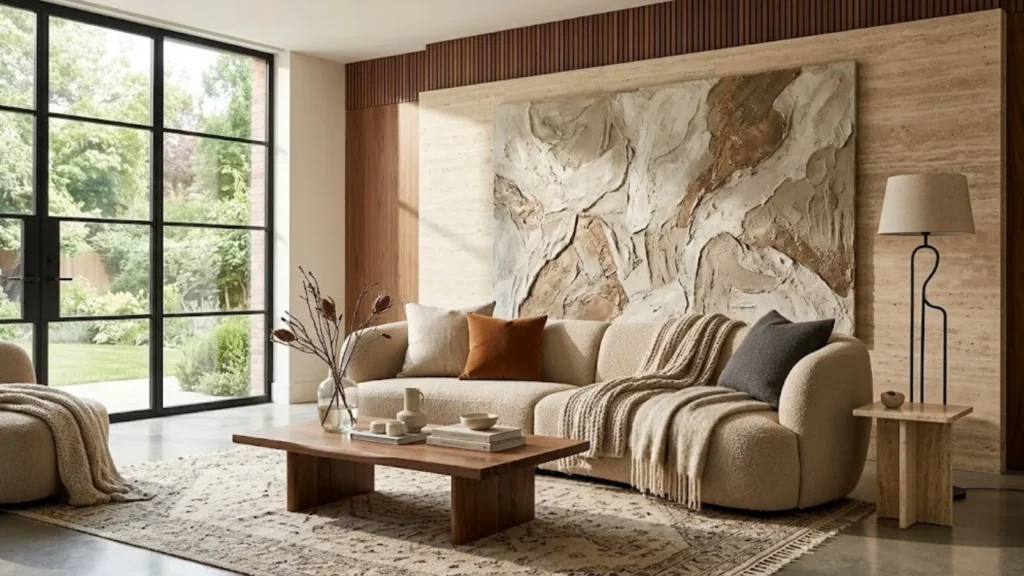 Modern living room with warm neutral tones, low-profile sofa, layered textures, statement artwork, and elegant contemporary styling