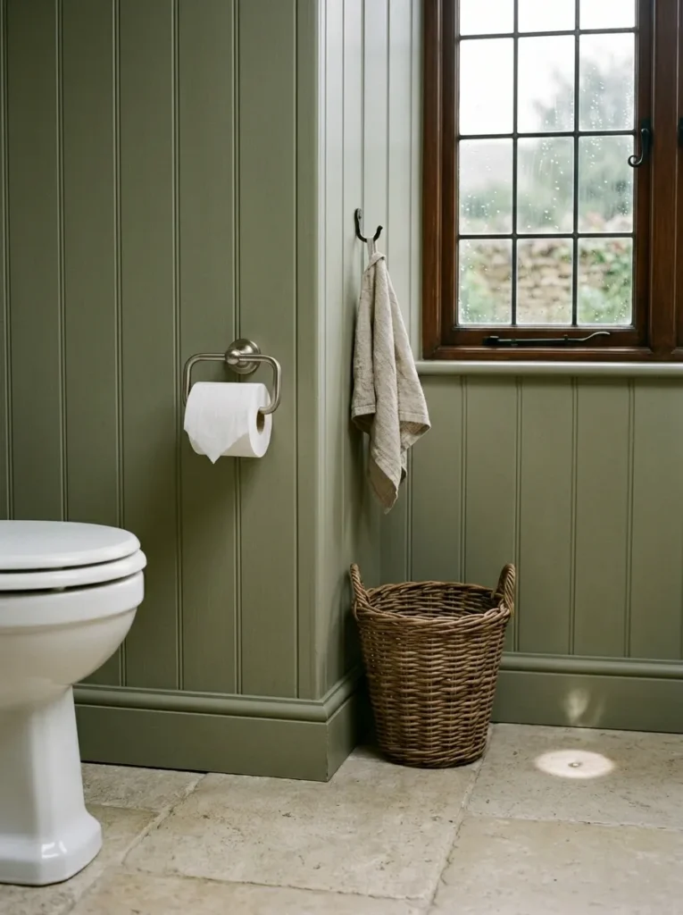 Brushed nickel wall-mounted toilet paper holder beside a wicker basket in a sage tongue-and-groove Cotswolds cottage bathroom.