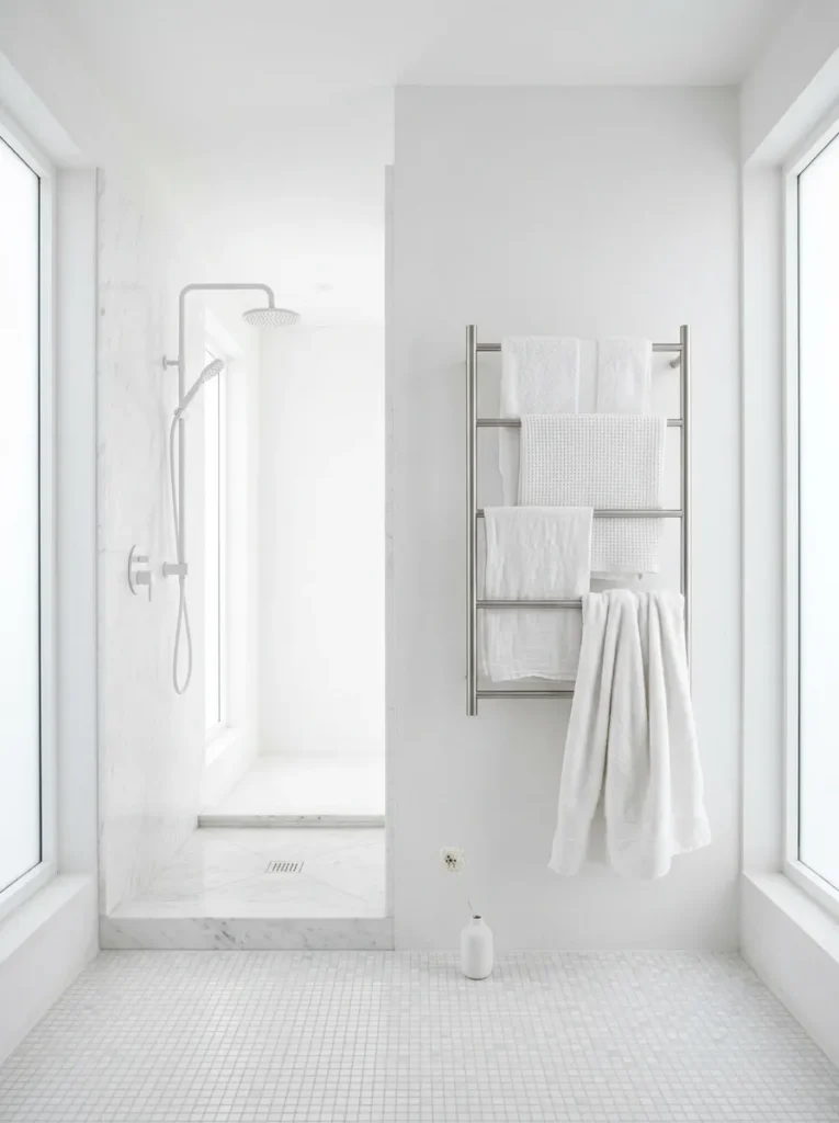 All-white spa bathroom with layered linen, waffle, and terry cloth towels on a wall-mounted ladder rail beside a white marble walk-in shower