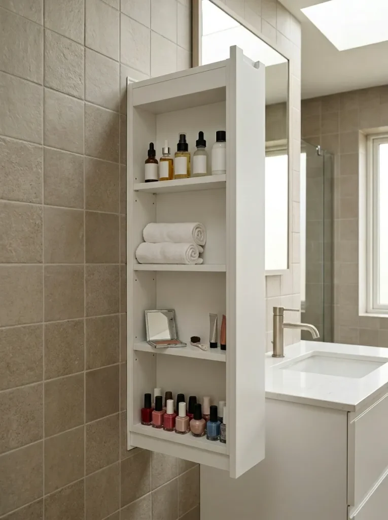 Slim floor-to-ceiling pull-out cabinet extracted from between two wall studs in a bathroom, showing narrow shelves holding beauty products and rolled towels