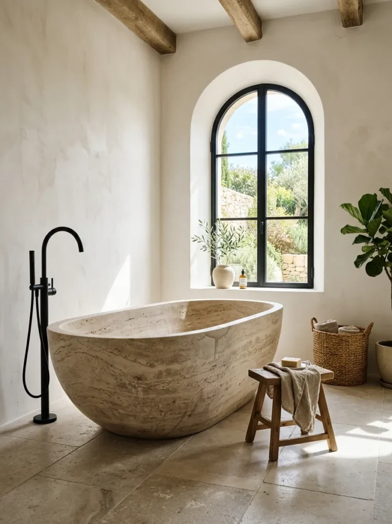 Carved natural stone freestanding bathtub as the centerpiece of an earthy bathroom
