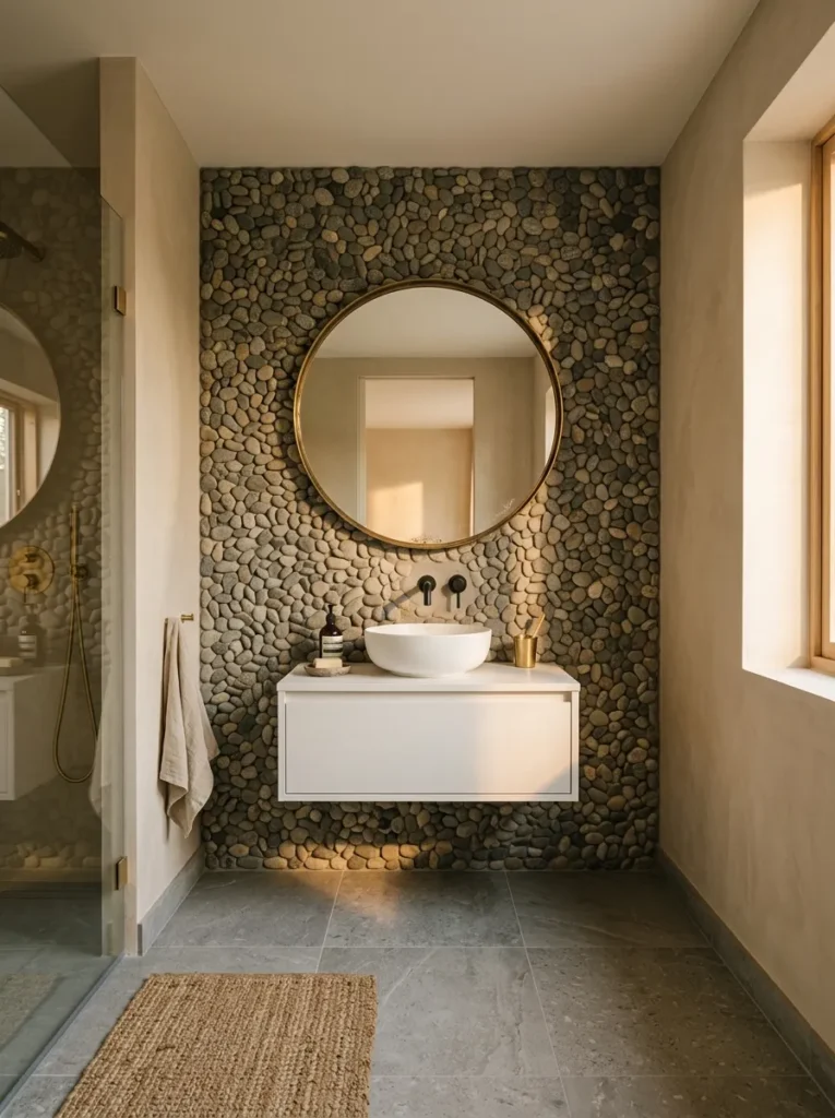  Vertical natural stone pebble tile accent wall behind a bathroom mirror