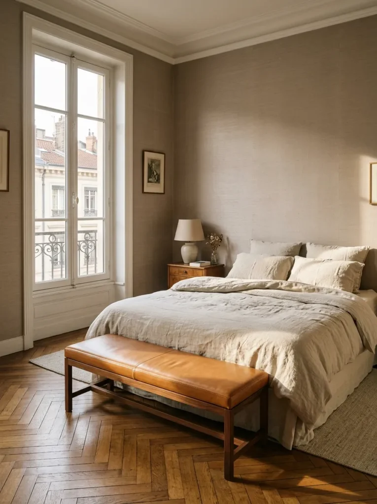 Neutral bedroom with a textured bouclé bench placed at the foot of the bed
