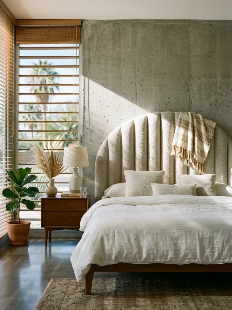 Neutral bedroom featuring a curved bouclé headboard with soft textured bedding and calming decor