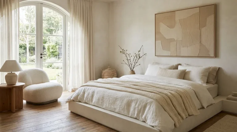 Neutral bedroom ideas featuring layered textures, bouclé furniture, warm white walls, and timeless calming decor