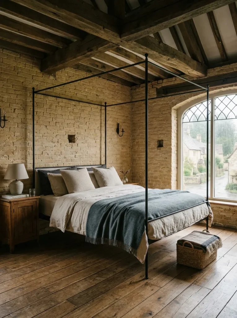 Neutral bedroom featuring a minimalist canopy bed frame with clean architectural lines
