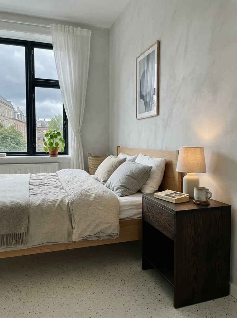 Neutral bedroom with a dark wood nightstand adding warmth and visual balance to a light color palette
