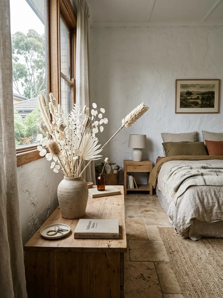 Neutral bedroom decorated with dried pampas grass and preserved eucalyptus in ceramic vases
