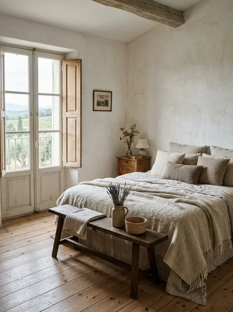 Neutral bedroom with layered linen, bouclé, wool, and natural wood textures creating depth and warmth
