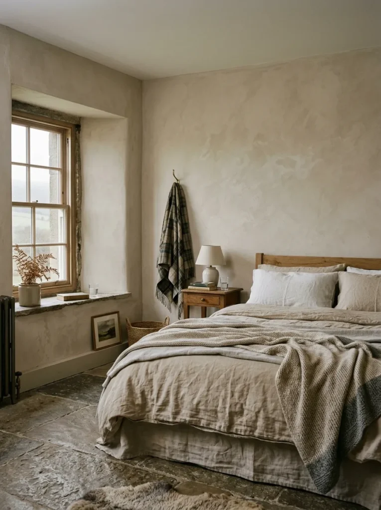 Neutral bedroom with limewash walls adding subtle texture and handcrafted character
