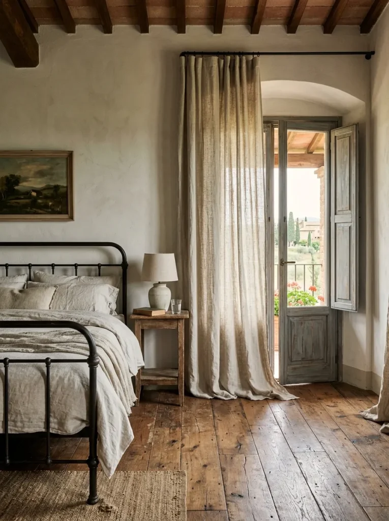 Neutral bedroom featuring floor-to-ceiling natural linen curtains with soft filtered sunlight

