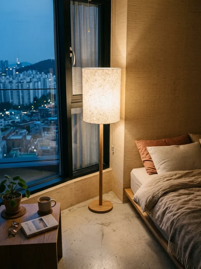 Neutral bedroom featuring a linen shade floor lamp with warm diffused ambient lighting