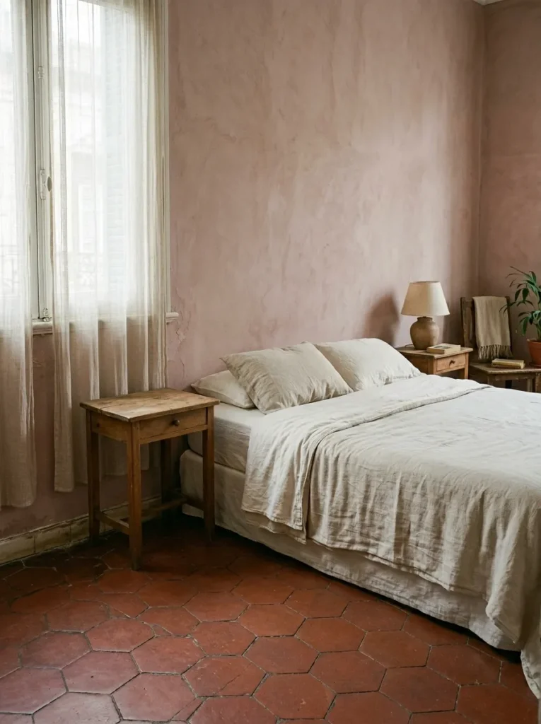 Neutral bedroom with uncluttered surfaces, calming decor, and intentionally minimalist styling
