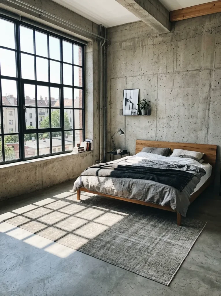 Neutral bedroom with a subtle patterned area rug adding texture without overwhelming the space