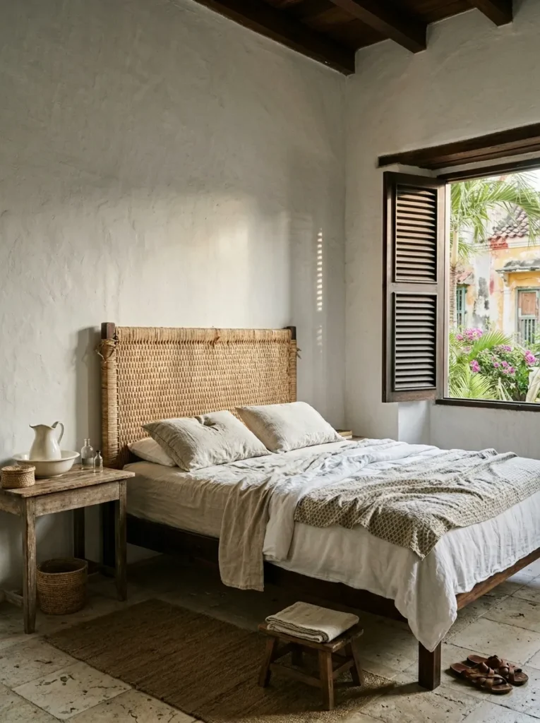 Neutral bedroom featuring a woven rattan headboard with natural textures and organic style
