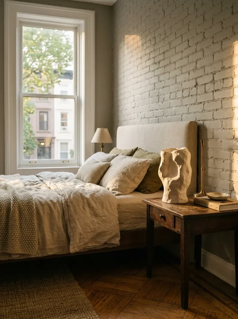Neutral bedroom styled with sculptural ceramic decor and handcrafted natural accessories
