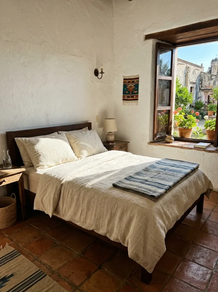 Neutral bedroom featuring woven linen bedding, textured blankets, and cozy layered bedding
