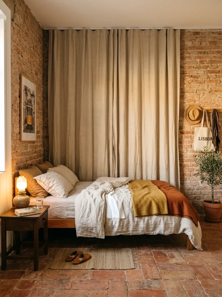 Neutral bedroom with decorative floor-to-ceiling linen curtains adding softness to a blank wall