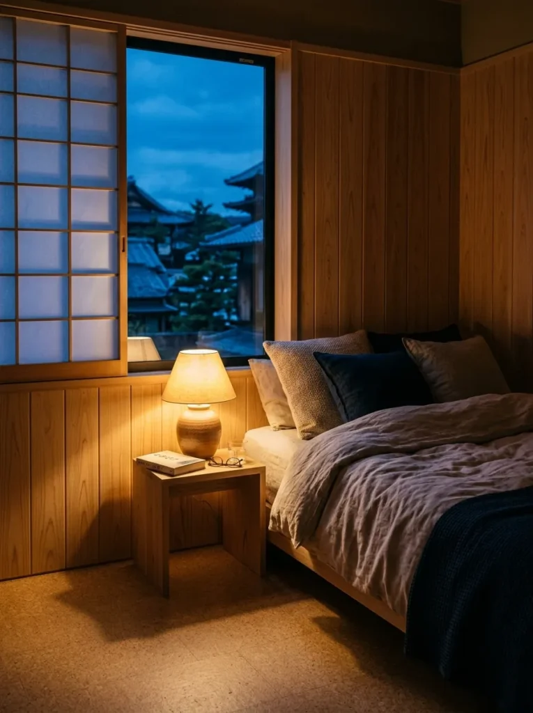 Neutral bedroom illuminated with warm ambient lighting creating a relaxing and peaceful atmosphere

