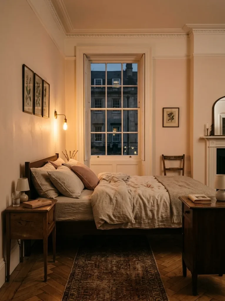 Neutral bedroom with warm white walls creating a soft, inviting, and timeless atmosphere
