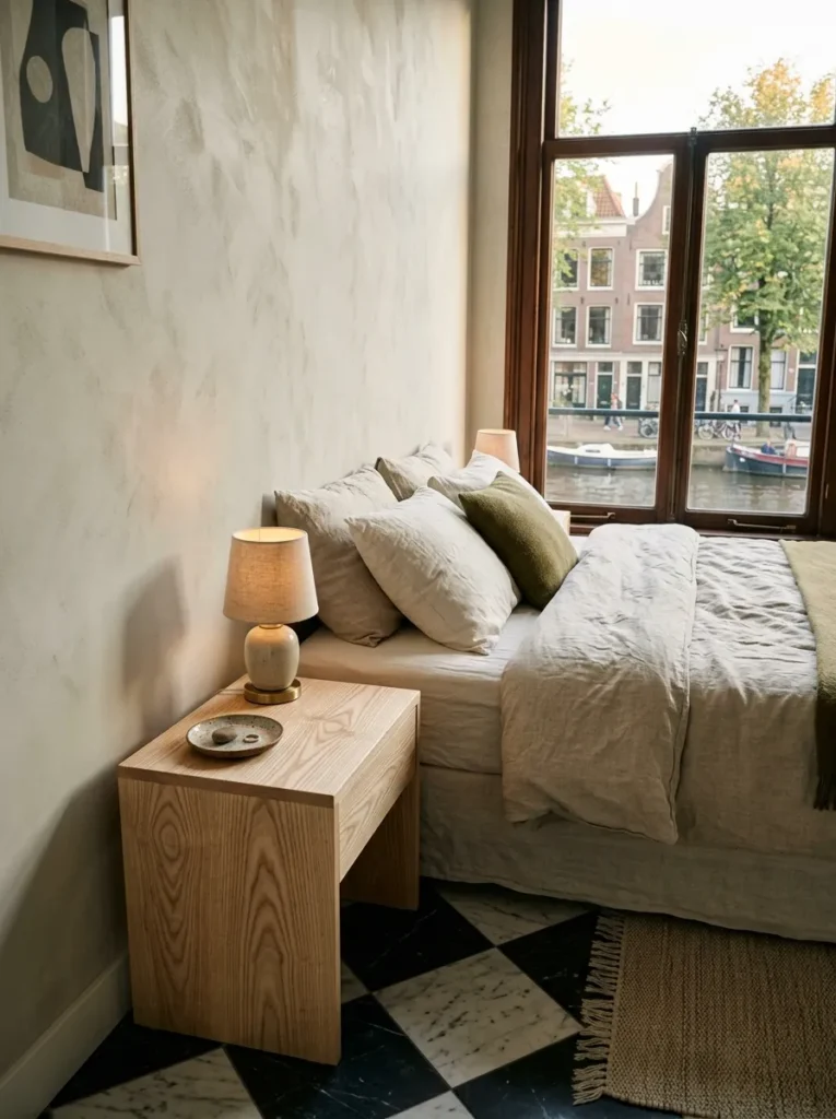 Neutral bedroom with natural oak nightstands showcasing beautiful wood grain and texture
