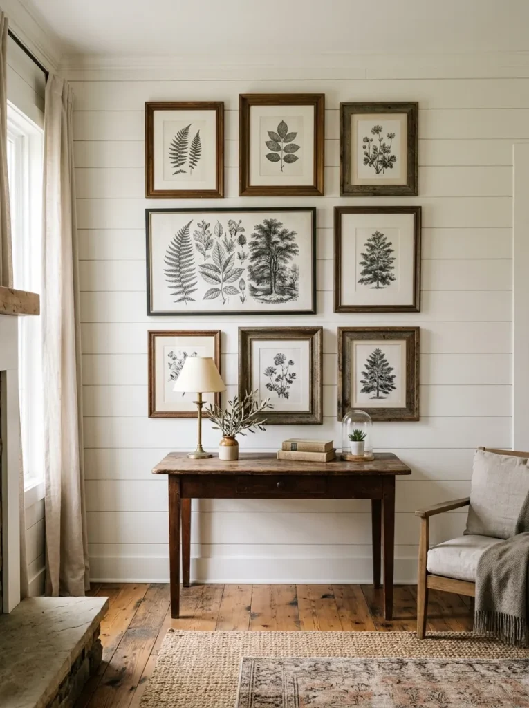 Gallery wall of mismatched antique wood frames above a farmhouse living room console table