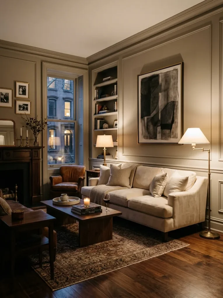 Elegant neutral living room featuring aged brass lighting, cream furnishings, and sophisticated styling