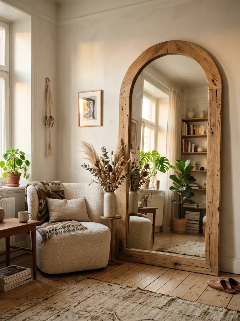 Neutral living room with a large arched mirror, natural wood frame, and airy minimalist decor