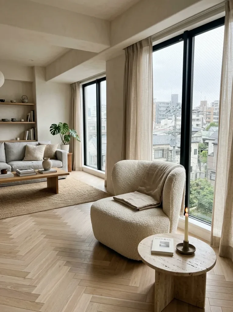 Neutral living room with a cream bouclé accent chair and warm contemporary decor
