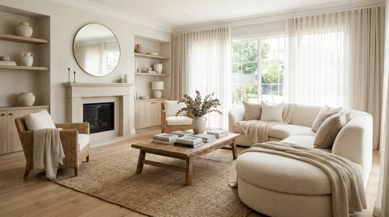 21 neutral living room ideas featuring linen sofas, warm wood accents, textured decor, and elegant calming interiors