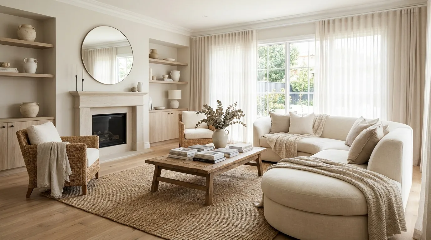 21 neutral living room ideas featuring linen sofas, warm wood accents, textured decor, and elegant calming interiors