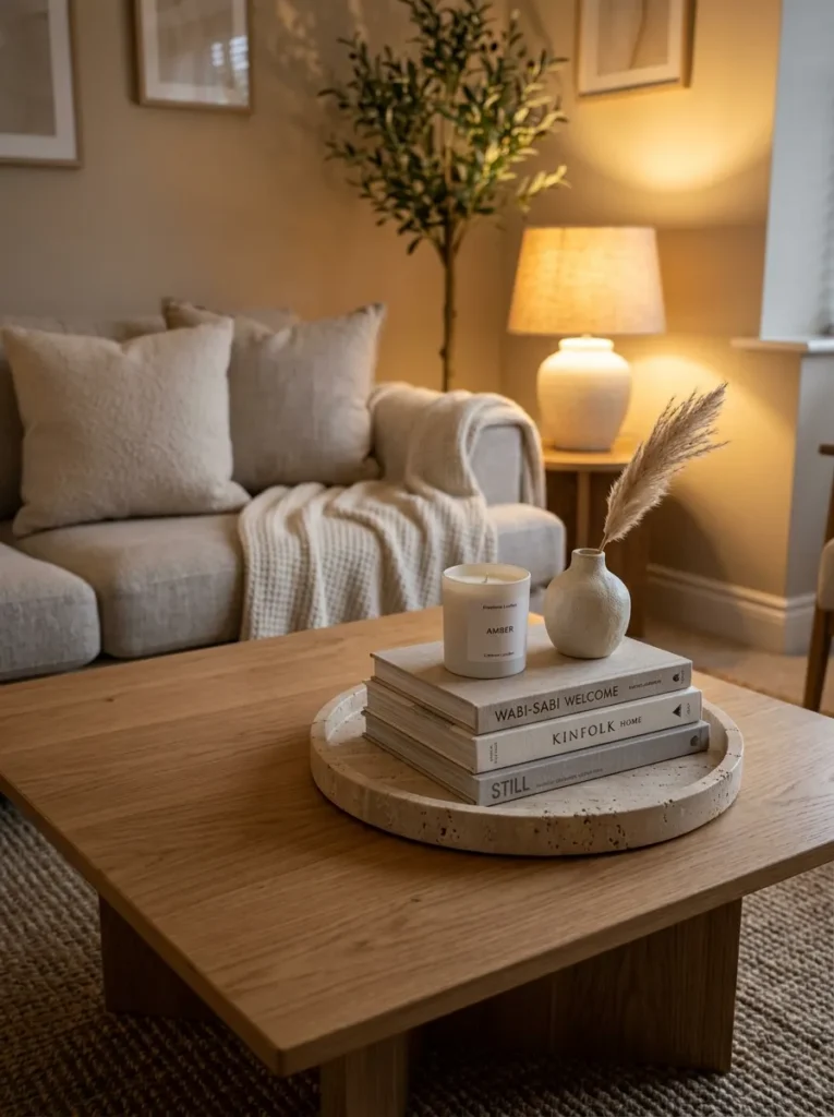 Neutral living room coffee table styled with books, ceramics, candles, and minimalist decor