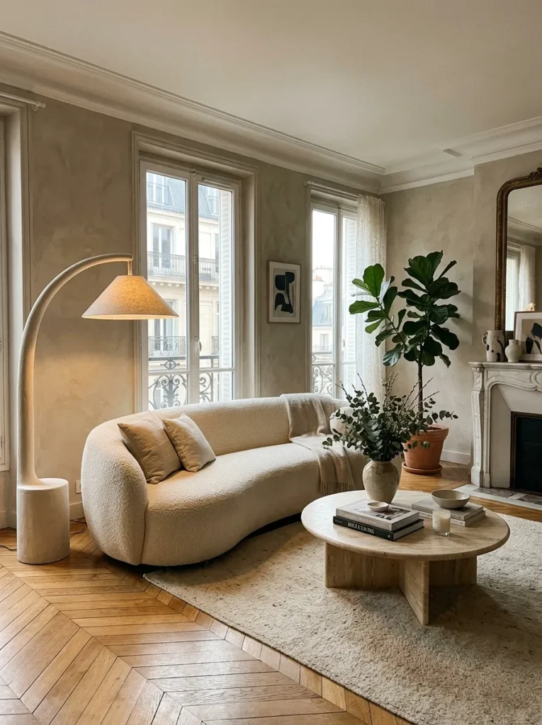 Modern neutral living room with curved bouclé sofa, round coffee table, and soft organic shapes