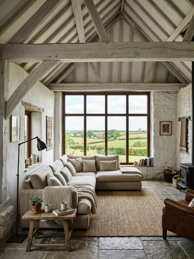 Neutral living room with exposed wood ceiling beams, linen seating, and rustic modern design